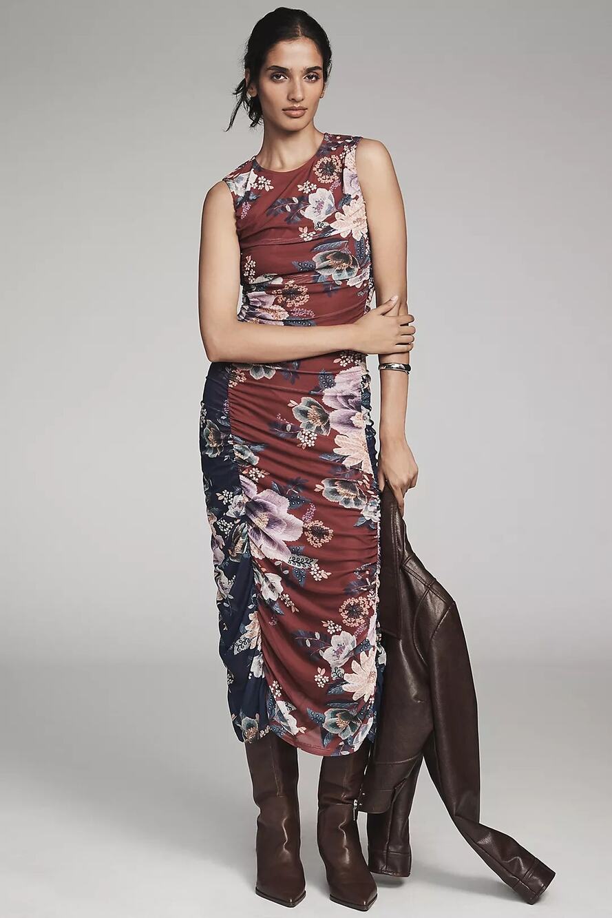 New Farm Rio x Anthropologie Sleeveless Mesh Midi Dress $178 SMALL Burgundy